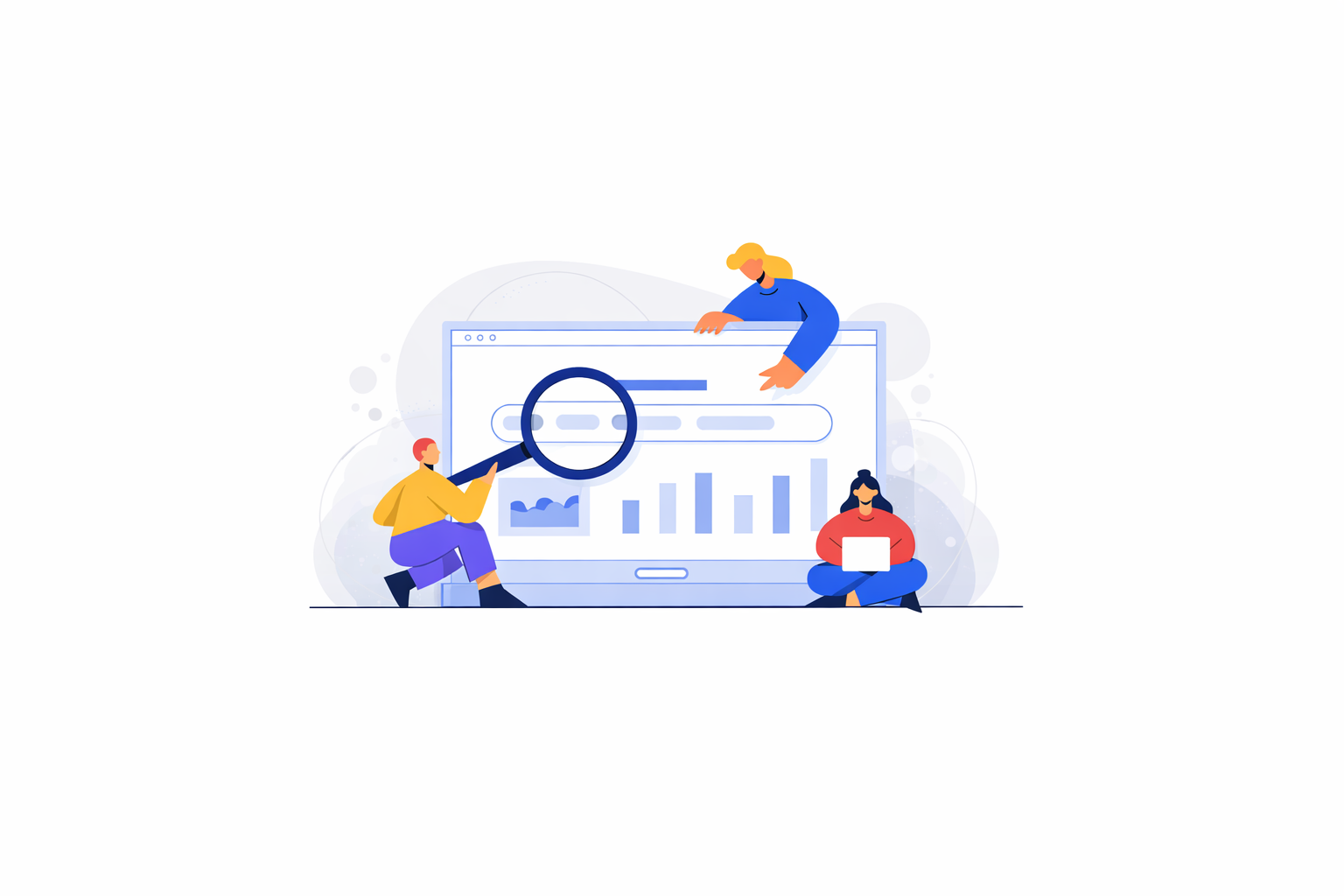 Illustratie over SEO en vindbaarheid: zoekbalk, grafieken en analyse op een scherm.